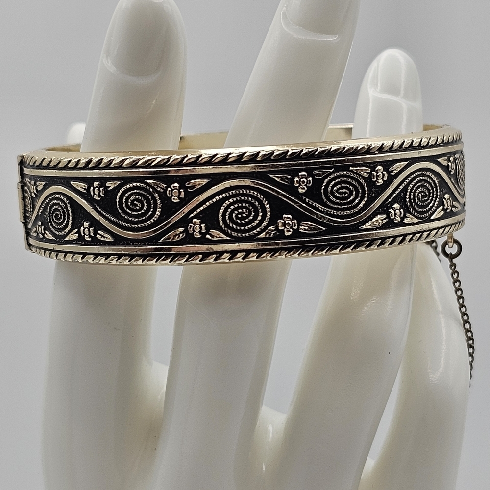 SOLD West Germany Black Enamel Gold Tone Bangle Bracelet 7" Hinged 5/8" Wide